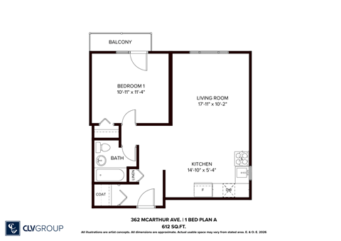 Floor plan for 1 bed, 1 bath, 1 sqft